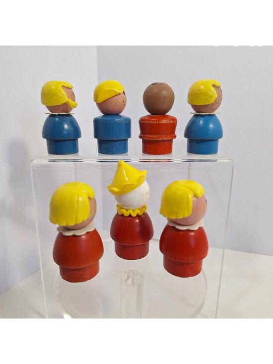 Wooden Little People Figure Lot Red Blue Yellow Smiling Faces Vintage - Picture 9 of 14
